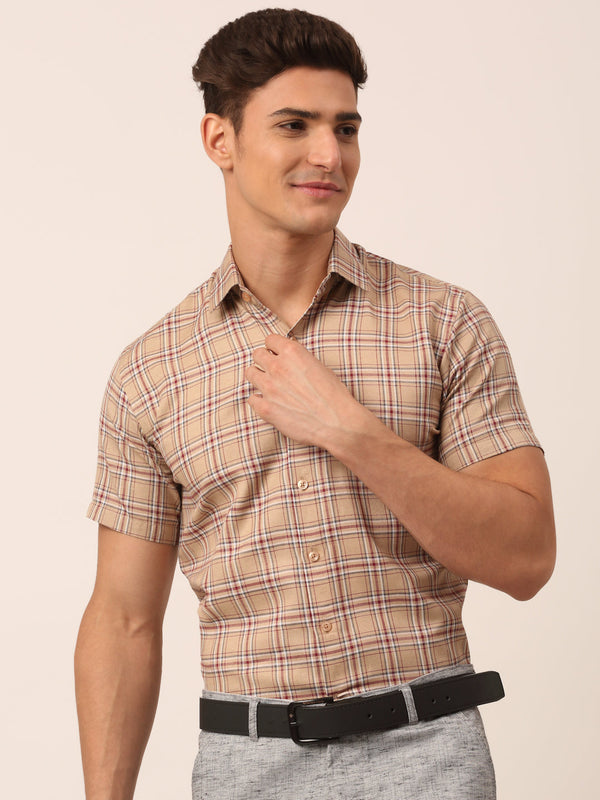 Men's Cotton Checked Half Sleeve Formal Shirts ( SF 815Brown ) - Jainish