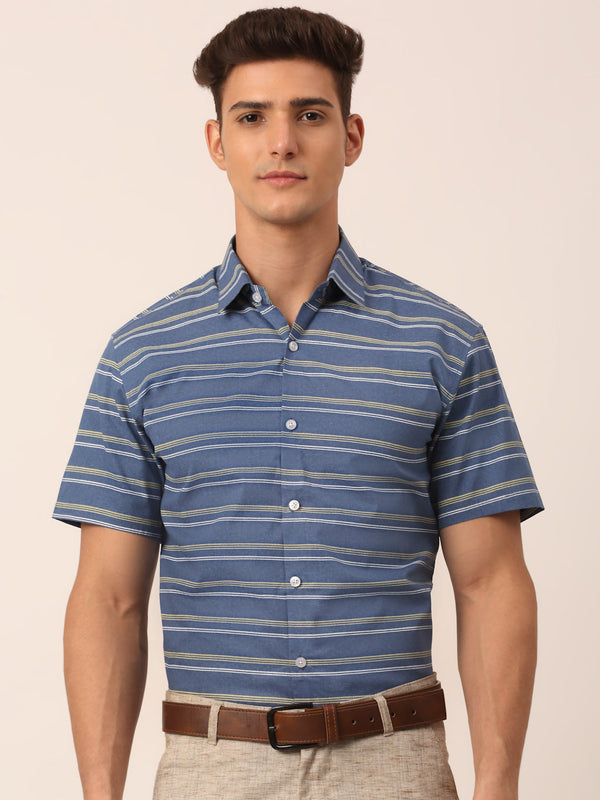 Men's Cotton Striped Half Sleeve Formal Shirts ( SF 816Blue ) - Jainish