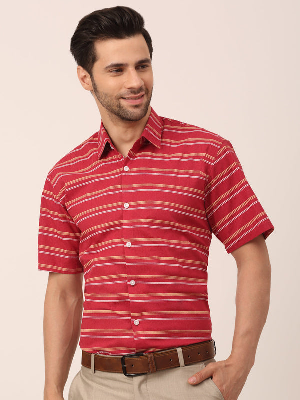 Men's Cotton Striped Half Sleeve Formal Shirts ( SF 816Maroon ) - Jainish