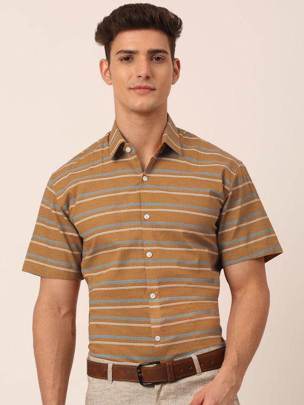 Men's Cotton Striped Half Sleeve Formal Shirts ( SF 816Mustard ) - Jainish