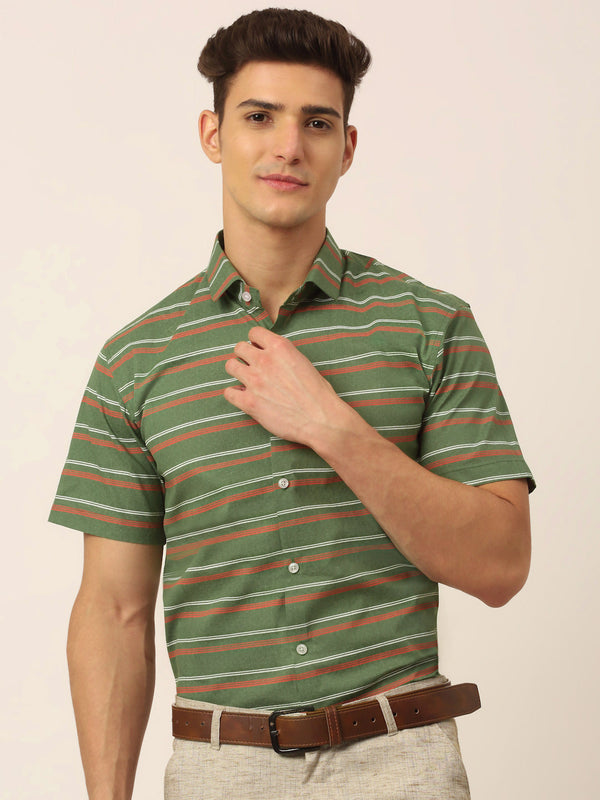 Men's Cotton Striped Half Sleeve Formal Shirts ( SF 816Olive ) - Jainish