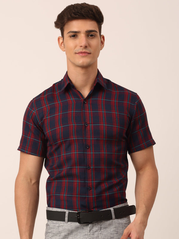 Men's Cotton Checked Half Sleeve Formal Shirts ( SF 818Red-Blue ) - Jainish