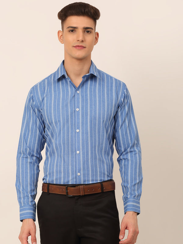 Men's Blue & White Classic Striped Formal Shirt - Taantav