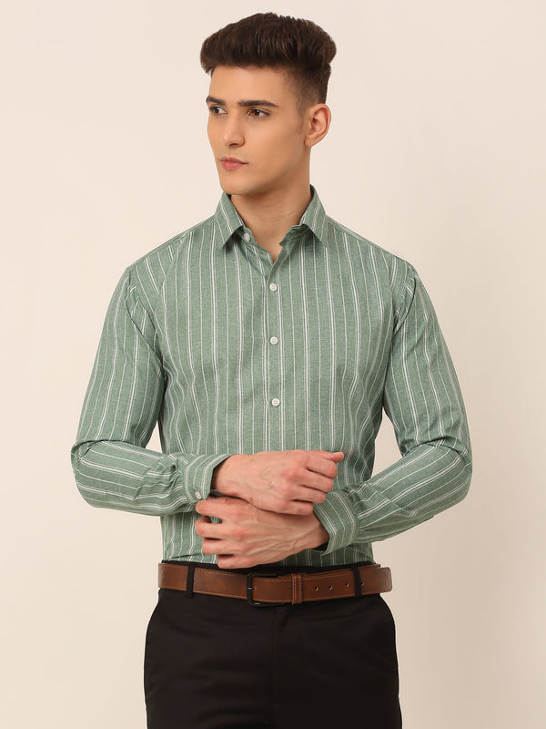 Men Green & White Classic Striped Formal Shirt