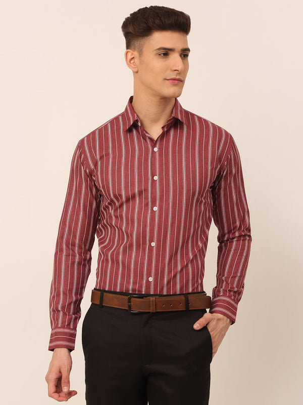 Men Maroon & White Classic Striped Formal Shirt