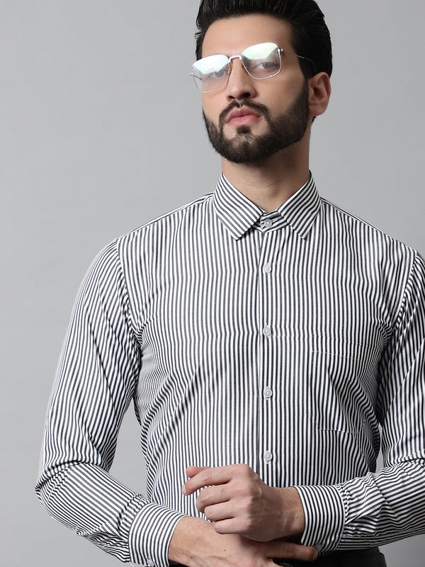 Men's Black & White Regular Fit Striped Formal Shirt - Taantav