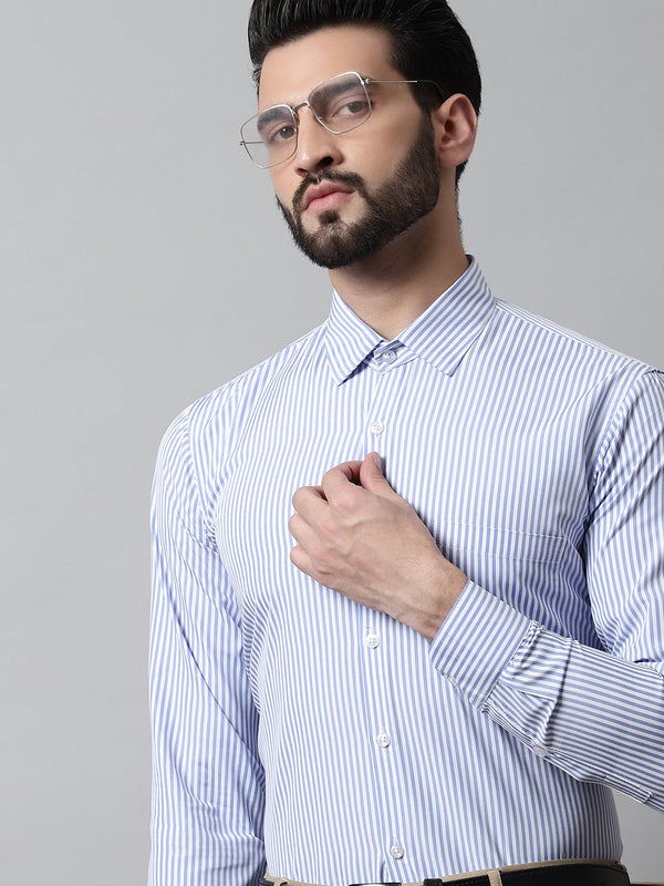 Men's Blue & White Regular Fit Striped Formal Shirt - Taantav