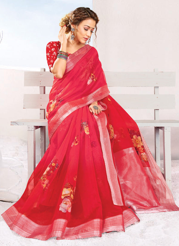 Women's Red Organza Printed Traditional Saree - Sangam Prints