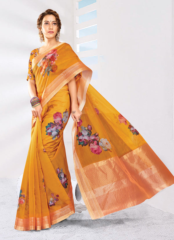 Women's Mustard Organza Printed Traditional Saree - Sangam Prints