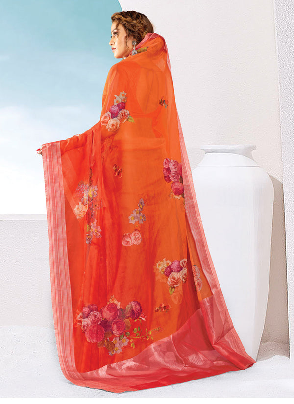 Women's Orange Organza Printed Traditional Saree - Sangam Prints