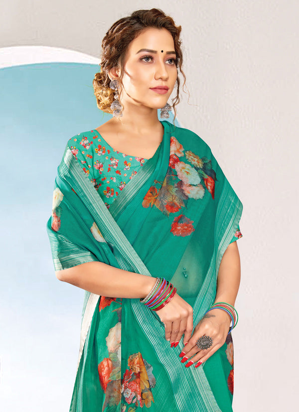 Women's Green Organza Printed Traditional Saree - Sangam Prints