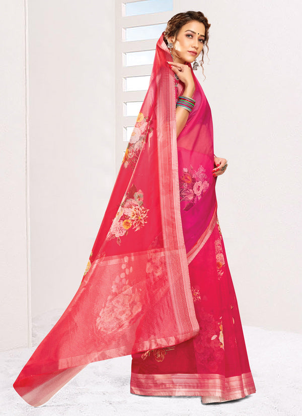 Women's Pink Organza Printed Traditional Saree - Sangam Prints