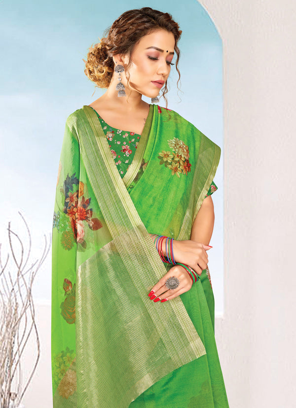 Women's Light Green Organza Printed Traditional Saree - Sangam Prints