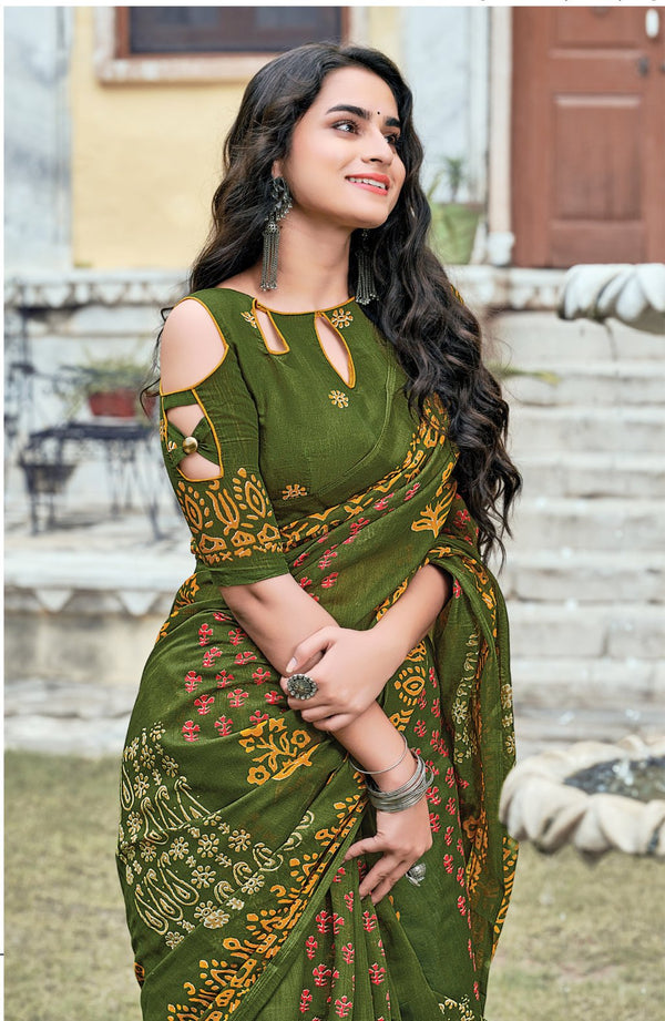 Women's Mahendi Cotton Printed Traditional Saree - Sangam Prints