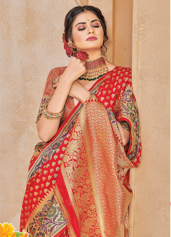 Women's Sangam Prints Red Silk Woven Work Traditional saree - Sangam Prints