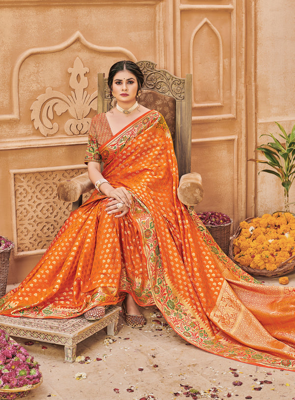 Women's Sangam Prints Orange Silk Woven Work Traditional saree - Sangam Prints