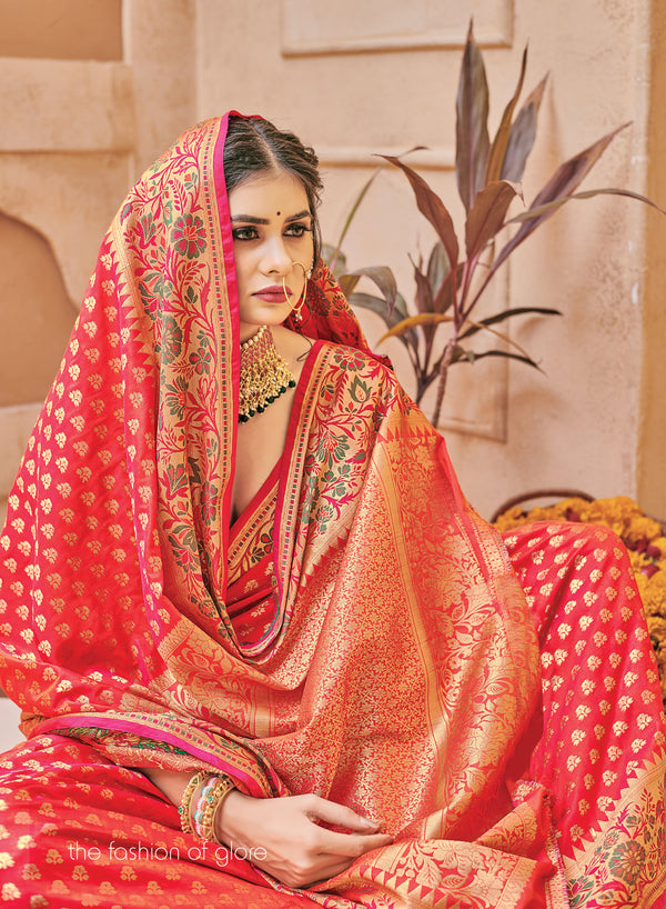 Women's Sangam Prints Peach Silk Woven Work Traditional saree - Sangam Prints