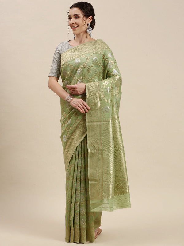 Women's Light Green Linen Woven Work Traditional Saree - Sangam Prints