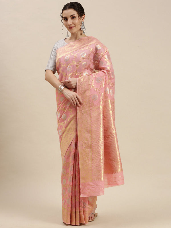 Women's Light Pink Linen Woven Work Traditional Saree - Sangam Prints