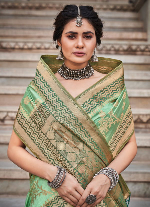 Women's Light Green Silk Woven Zari Work Traditional Tassle Saree - Sangam Prints