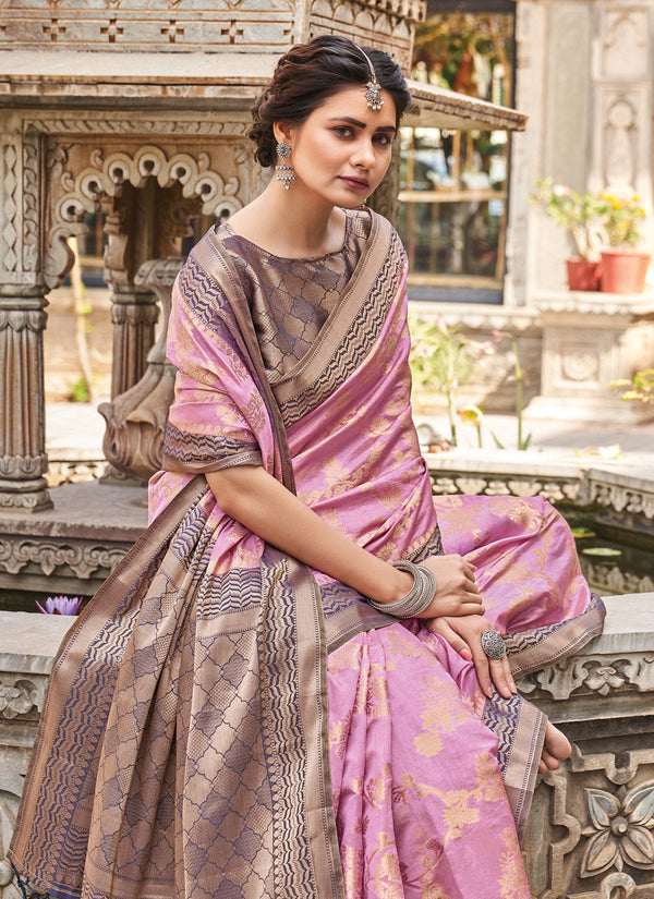 Women's Pink Silk Woven Zari Work Traditional Tassle Saree - Sangam Prints