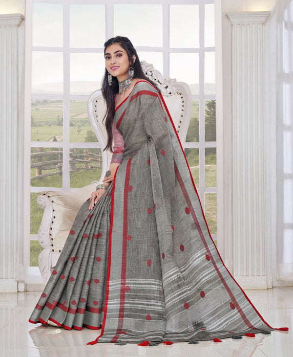 Women's Grey Linen Woven Work Traditional Tassle Saree - Sangam Prints