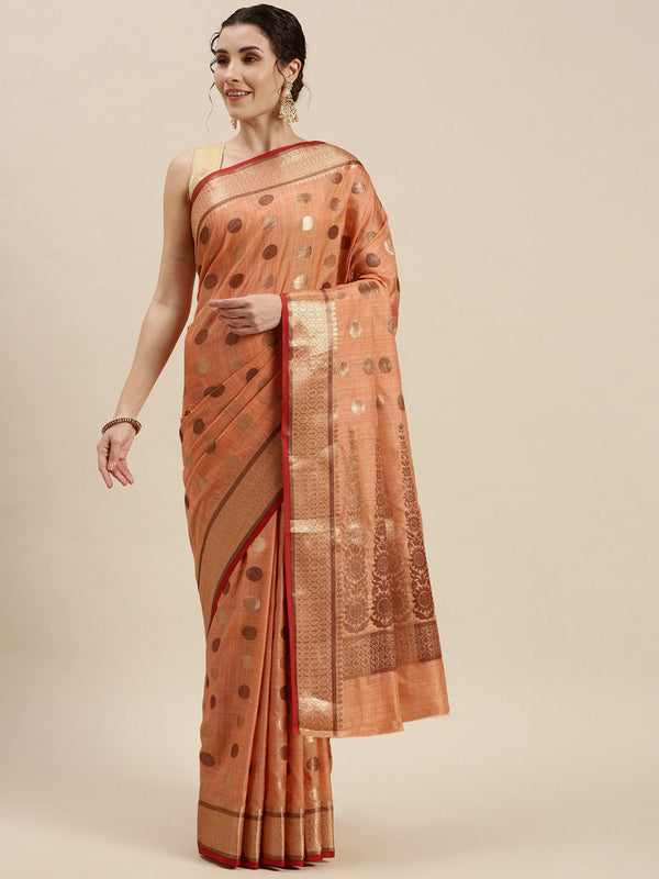 Women's Peach Cotton Handloom Woven Work Traditional Saree - Sangam Prints