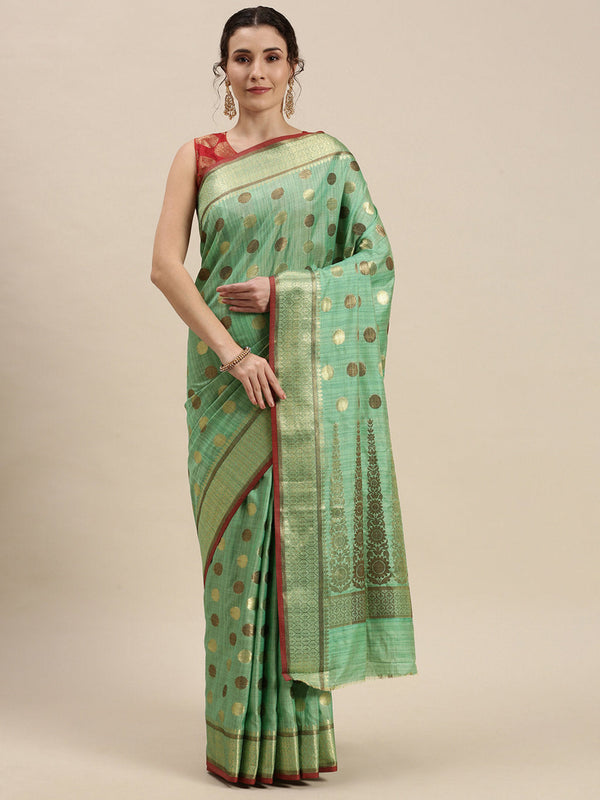 Women's Light Green Cotton Handloom Woven Work Traditional Saree - Sangam Prints