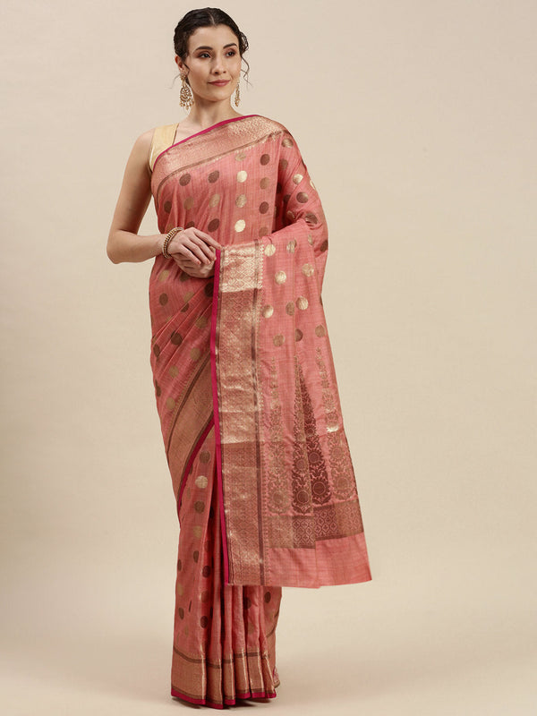 Women's Pink Cotton Handloom Woven Work Traditional Saree - Sangam Prints