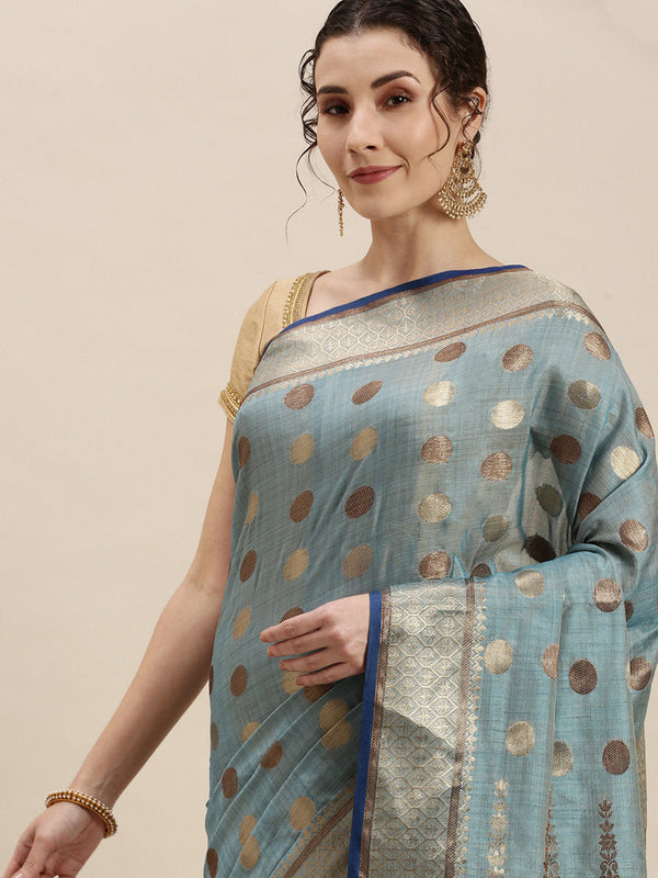 Women's Sky Blue Cotton Handloom Woven Work Traditional Saree - Sangam Prints