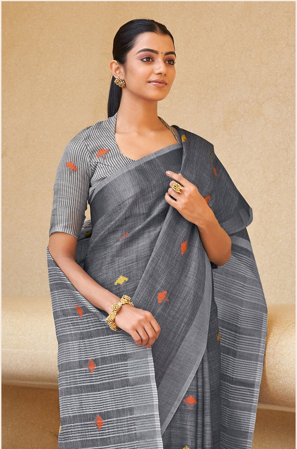 Women's Grey Linen Woven Zari Work Traditional Tassle Saree - Sangam Prints