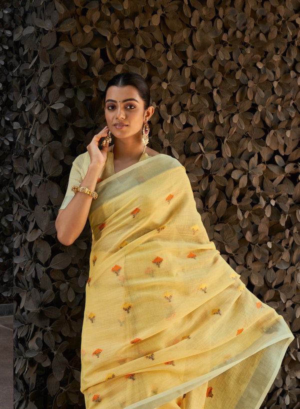 Women's Yellow Linen Woven Zari Work Traditional Tassle Saree - Sangam Prints