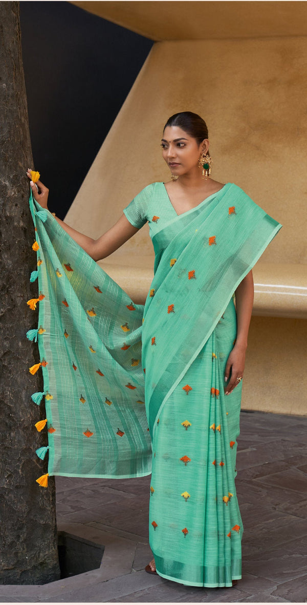 Women's Rama Linen Woven Zari Work Traditional Tassle Saree - Sangam Prints