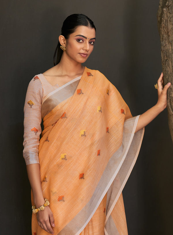 Women's Orange Linen Woven Zari Work Traditional Tassle Saree - Sangam Prints