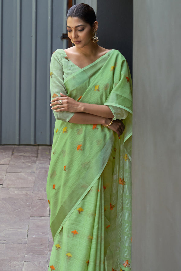 Women's Light Green Linen Woven Zari Work Traditional Tassle Saree - Sangam Prints