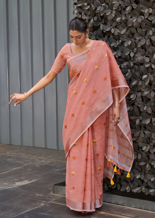 Women's Peach Linen Woven Zari Work Traditional Tassle Saree - Sangam Prints