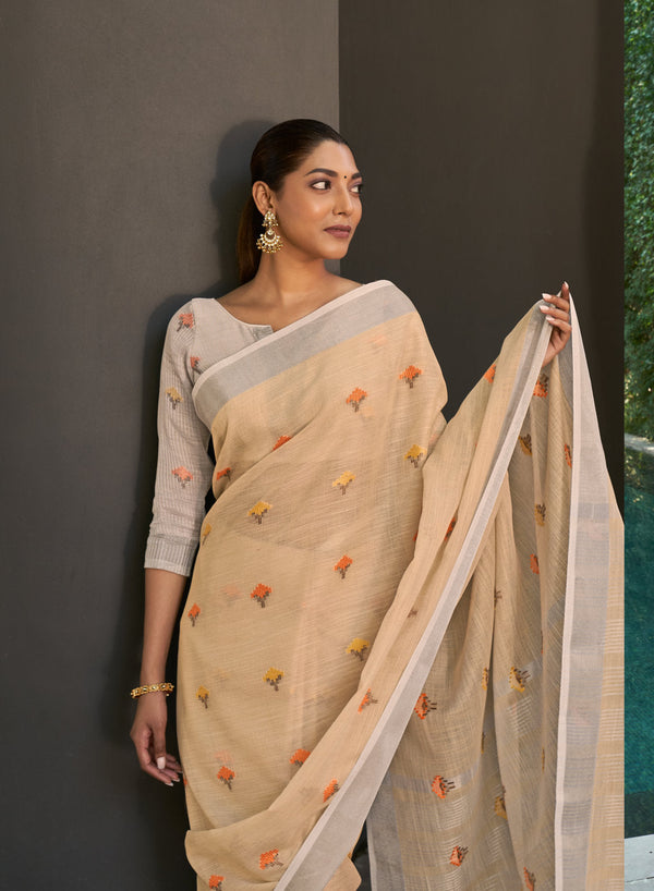 Women's Cream Linen Woven Zari Work Traditional Tassle Saree - Sangam Prints