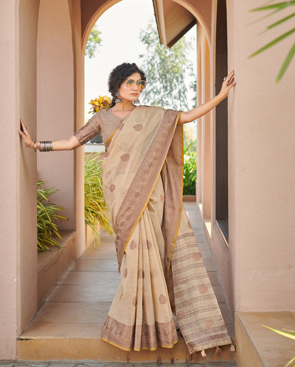 Women's Beige Cotton Wover Work Traditional Tassle Saree - Sangam Prints