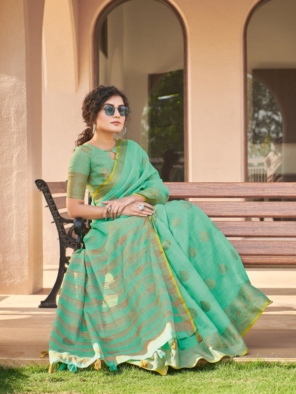 Women's Rama Green Cotton Wover Work Traditional Tassle Saree - Sangam Prints