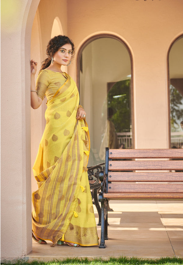 Women's Yellow Cotton Wover Work Traditional Tassle Saree - Sangam Prints