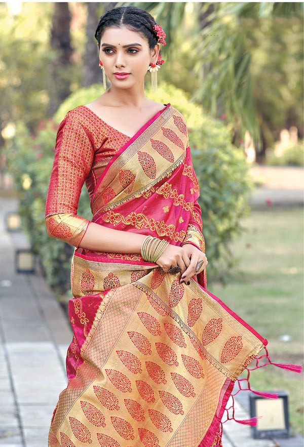 Women's Pink organza Woven Zari Work Traditional Tassle Saree - Sangam Prints