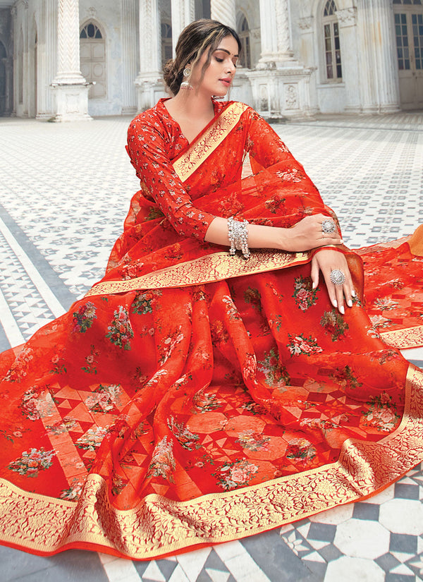 Women's Red Organza Digital Print Traditional Saree - Sangam Prints