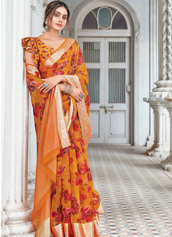 Women's Mustard Organza Digital Print Traditional Saree - Sangam Prints