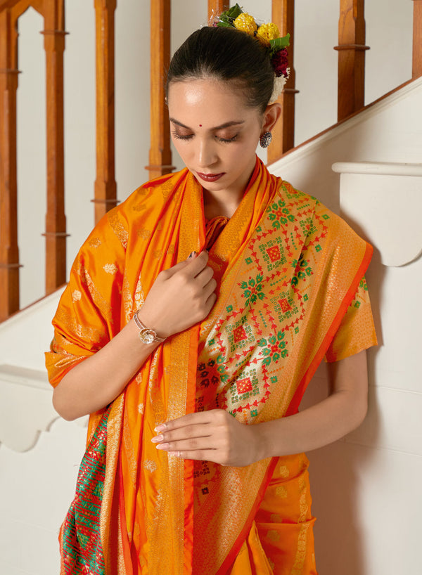 Women's Sangam Prints Orange Silk Woven Work Traditional saree - Sangam Prints