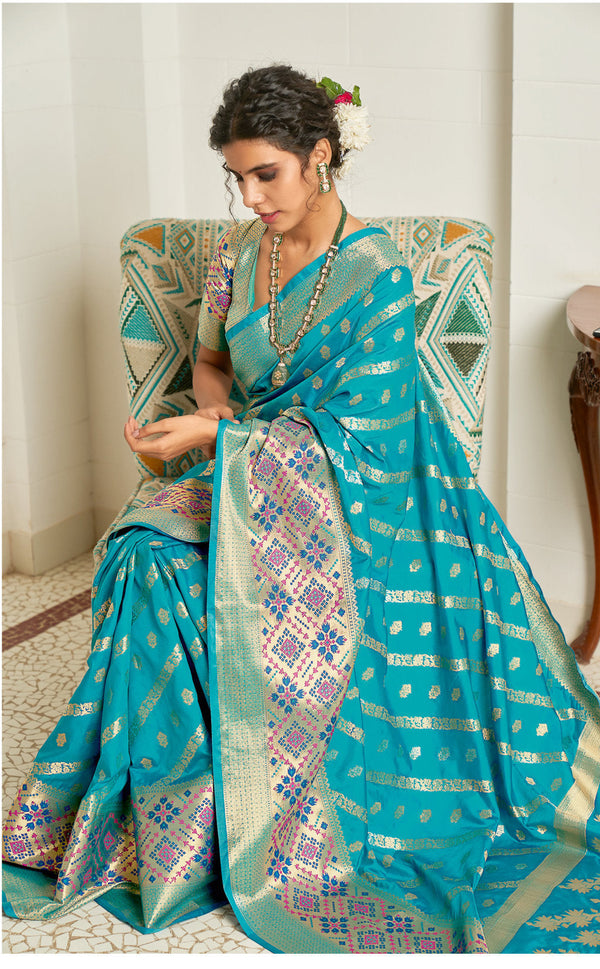 Women's Sangam Prints Sky Blue Silk Woven Work Traditional saree - Sangam Prints