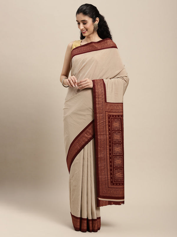 Women's Beige Art Silk Woven Work Traditional Saree - Sangam Prints