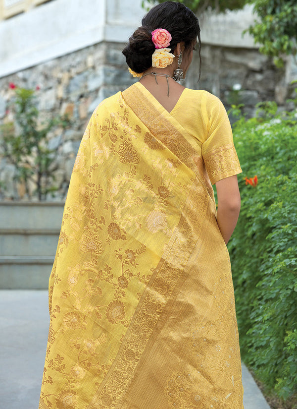 Women's Yellow Linen Woven Work Traditional Saree - Sangam Prints