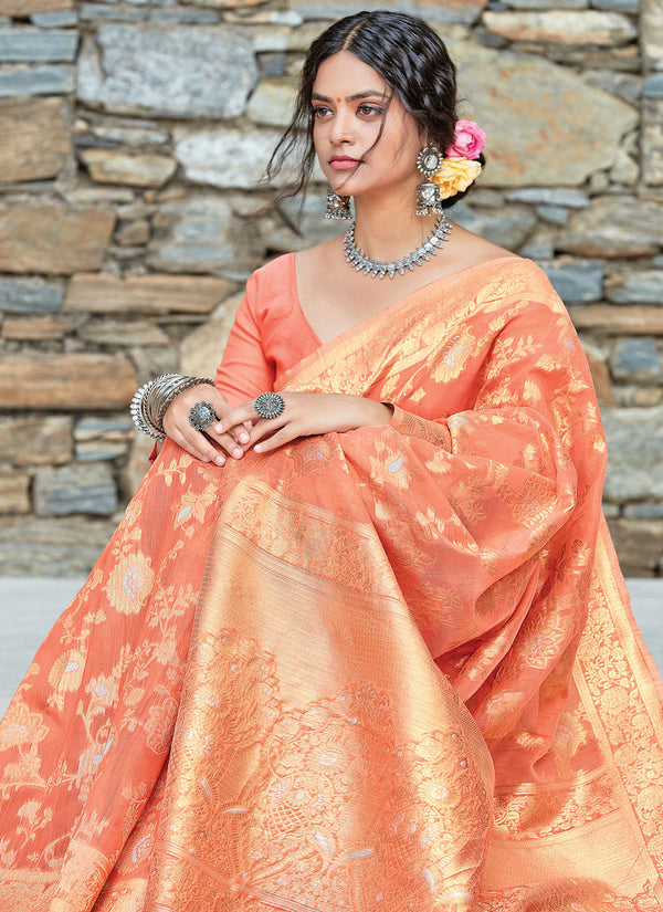 Women's Orange Linen Woven Work Traditional Saree - Sangam Prints