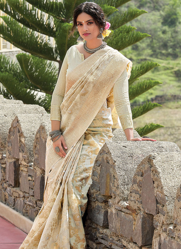 Women's Cream Linen Woven Work Traditional Saree - Sangam Prints