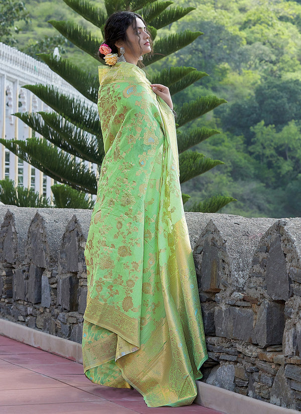 Women's Light Green Linen Woven Work Traditional Saree - Sangam Prints